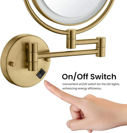 KIBI Circular Wall Mount Makeup Mirror with LED Lights, Dual-Sided 1x/5x Magnifying Mirror with Adjustable Arm, 360° Swivel, Solid Brass Construction for Durability and Style (Brushed Brass, KMM101)