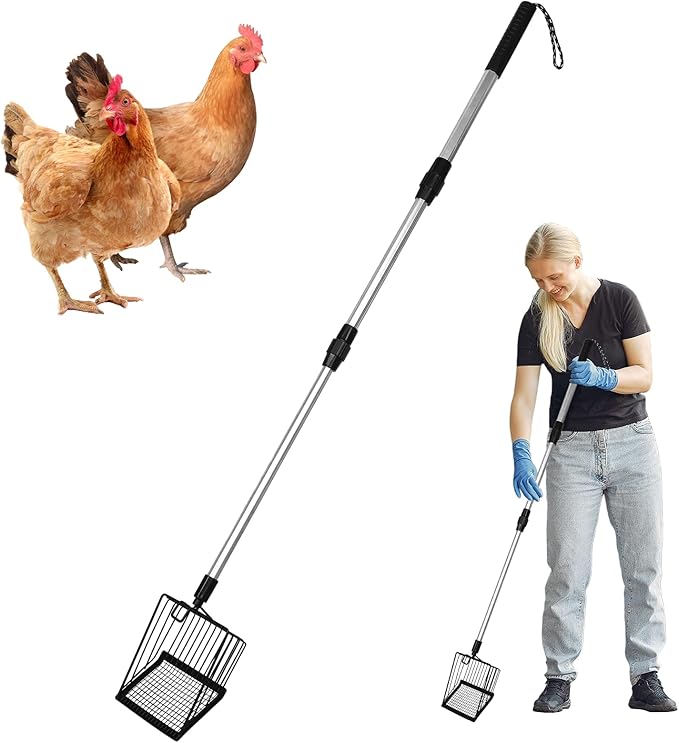 Metal Large Chicken Poop Scooper,3-in-1 Detachable Chicken Coop Scoop with Stainless Steel Telescopic Handle(22-41.9in),Multifunctional Metal Litter Scoop for Pooper Scooper-Mewly Pet