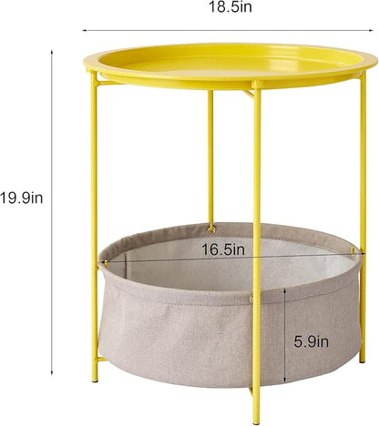 VECELO Round Side/End Table with Fabric Storage Basket，Metal Anti-Rust and Waterproof Small Bedside Nightstand with Removable Tray Top for Living Room，Balcony & Laundry，Yellow /2pcs with Basket