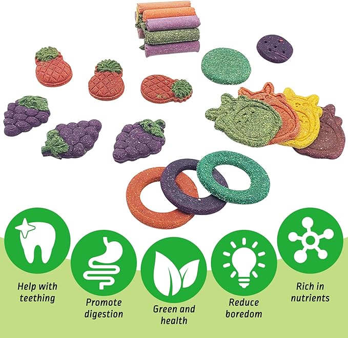 Fhiny 27 PCS Natural Bunny Chew Toys Molar Rabbit Toys Contain Timothy Grass Pumpkin Beets Purple Potatoes Carrot Hamster Treats for Chinchillas Guinea Pigs Mice Gerbils Teeth Grinding-Mewly Pet