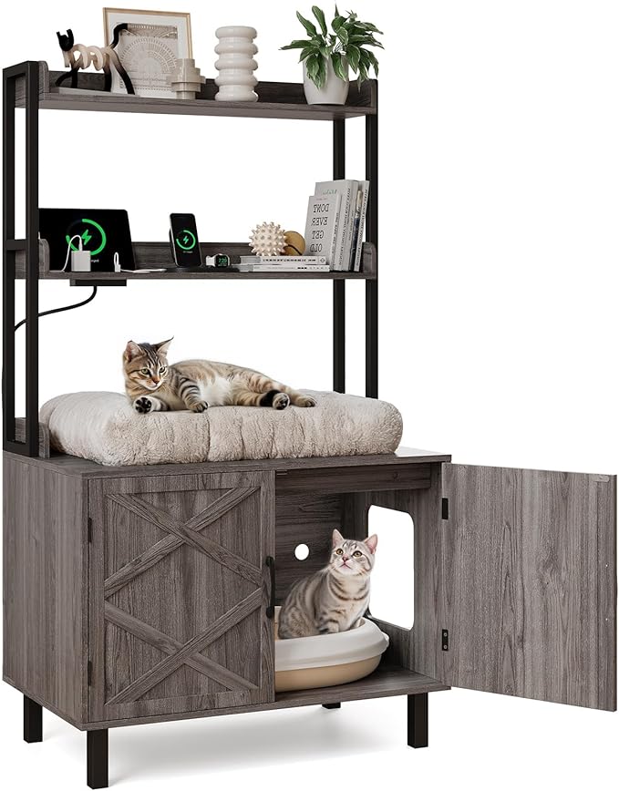 55 Inches Cat Litter Box Enclosure, Hidden Litter Box Furniture with 2 Storage Shelves and Charging Sockets, Wooden Cat House, Large Indoor Cabinet for Living Room & Entryway, Grey-Mewly Pet