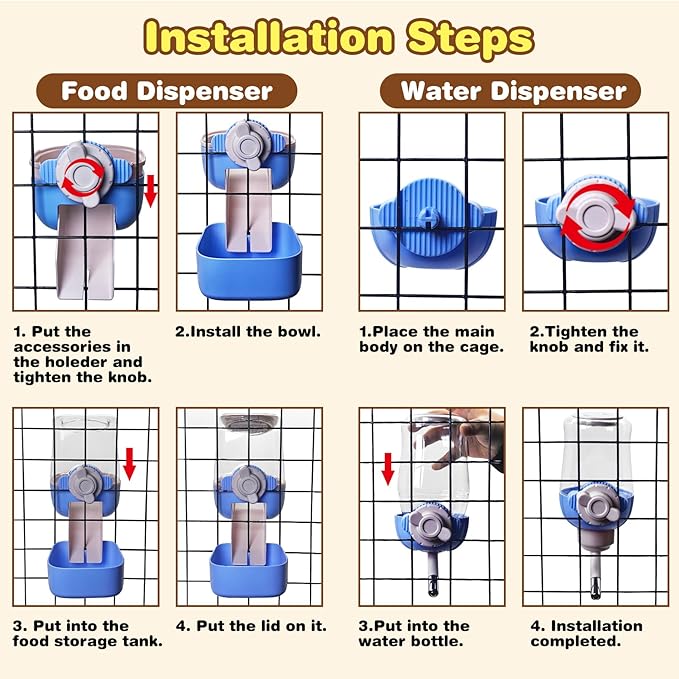 kathson Automatic Rabbit Feeder and Waterer Set, Gravity Pet Food Water Dispenser Bunny Pellet Feeder Small Animal Feeding & Watering Supplies for Guinea Pig Ferret Crate Accessories (Blue)-Mewly Pet