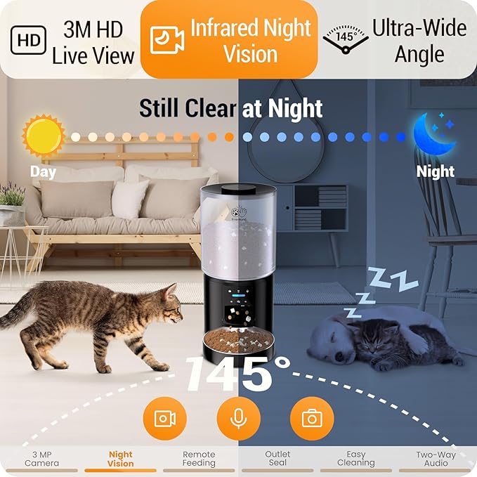 5L Automatic Cat Feeder with 2K HD Camera: 5G WiFi Automatic Dog Feeder with Night Vision,Cat Food Dispenser with Freshness for Multiple Pets,Detachable for Easy Clean-21 Cup (Sealed Outlet)-Mewly Pet