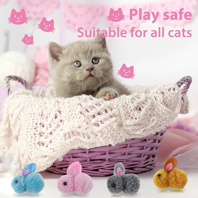 10Pcs Plush Toy Balls, Cute Bunny Shape Kitten Pompom Soft 5.5cm/2.16in Puff Ball Indoor Fun Colorful Cat Ball Toy Pom Pom Balls for Pet-Mewly Pet
