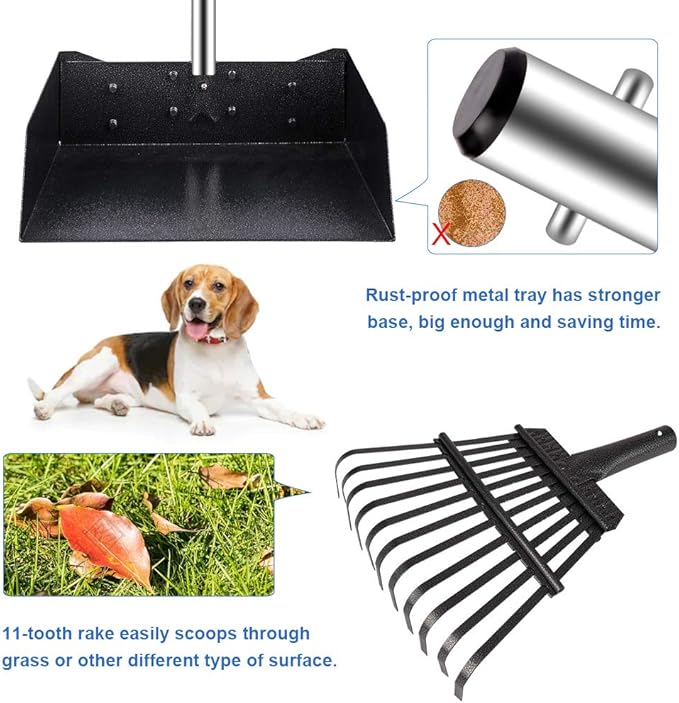 QiMH Upgraded Dog Pooper Scooper Extra Large, Adjustable Long Handle Stainless Metal Pet Poop Tray and Rake Set for Large Medium Small Dogs, Dog Waste Removal Bin Rake, Great for Grass, Street, Gravel-Mewly Pet