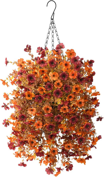 Artificial Faux Fall Hanging Flowers Plants Basket for Fall Outdoor Decoration,Fake Silk Orange Mums planters UV Resistant Look Real for Home Porch Patio Yard Outside Autumn Decor (Brown Orange)