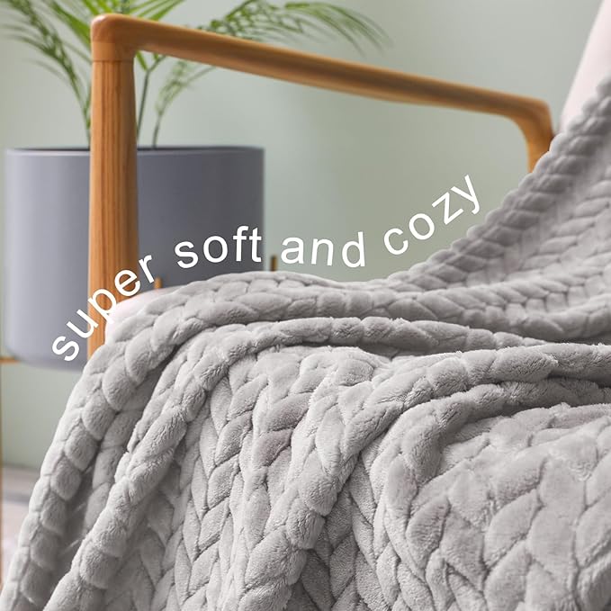 Exclusivo Mezcla Fleece Twin Size Blanket for Bed, 90x66 Inches Soft Cozy Jacquard Flannel Blankets, Lightweight Fuzzy Plush Warm for Winter, Light Grey