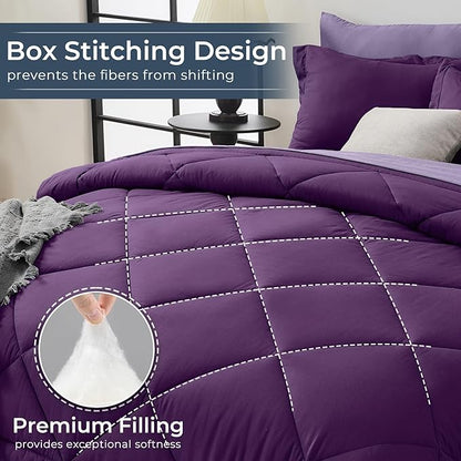 HEVUMYI Purple & Light Purple Cali-King Comforter Set - 7-Piece All Season Bed in a Bag Cali-King, Ultra Soft Bedding Set with Comforter, Flat Sheet, Fitted Sheet, Pillowcases, Pillow Shams