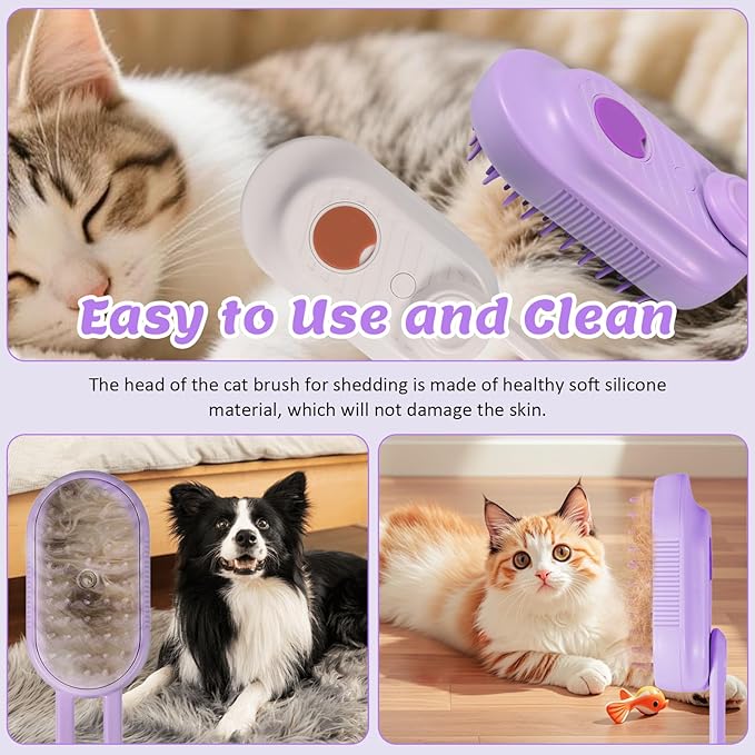 4 in 1 Cat & Dog Steam Brush for Long/Short Hair Shedding - Rechargeable Pet Grooming Brush with Anti-Static Steam Spray, Foldable Handle & Dual Massage Modes for Home Pet Spa Cleaning-Mewly Pet