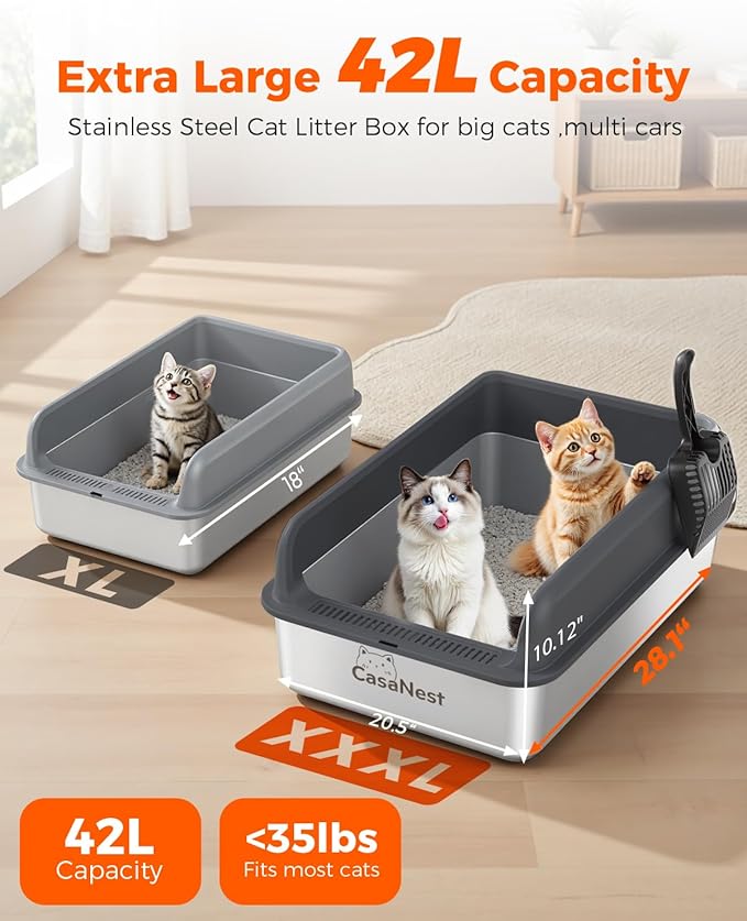 XXXL Stainless Steel Cat Litter Box 28.1''×20.5''× 10.1” Extra Large Metal Cat Litter Box for Big, Multi Cats, Anti-Leakage & Non-Stick Metal Pan, Easy to Clean, Durable (Black-Mewly Pet