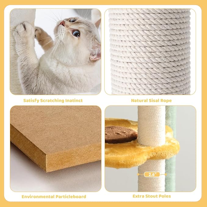 HYABi 65.5 Inch Sunflower Cat Tree Tower Multi-Level Cat Condo with Plush Scratching Posts, Toy Balls, and Pet House, Indoor Play Platform for Large Adult Cats, Cute Sunflower Design-Mewly Pet