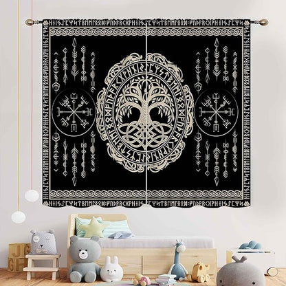 Viking Curtains, Nordic Tree of Life Celtic Rune Scandinavian Gothic Norse Mythology Aesthetic Retro Drapery for Bedroom Living Room Bathroom Window 2 Panel Set, 84"x63" Inch