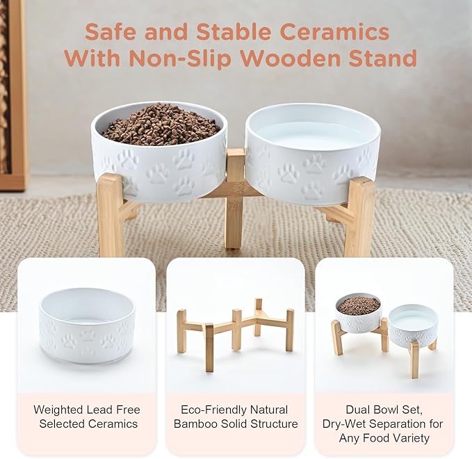 SPUNKYJUNKY Elevated Dog Bowls Ceramic, 6.1'' Dogs and Cat Food Water Bowls Raised with Non-Slip Bamboo Stand for Medium Sized Breed Microwave Dishwasher Safe - 28.7 OZ,Paw White-Mewly Pet