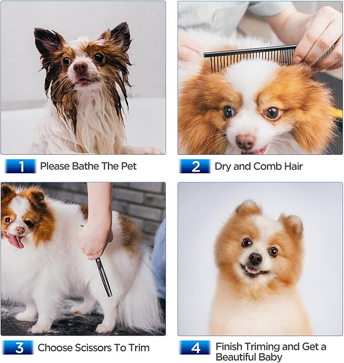 Gimars Dog Grooming Scissors Kit Professional 4CR with Safety Round Tip, 5 in 1 Heavy Duty Titanium Coated Thinning & Curved & Straight Shears-Mewly Pet