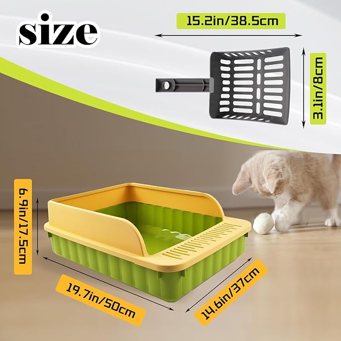 Open Top Cat Litter Box with High Side Anti-Splashing Cat Toilet with Litter Sifting Scoop Semi-Enclosed Kitten Litter Tray Pan Removable Prevent Sand Leakage Deodorizing Easy to Clean(Green)-Mewly Pet
