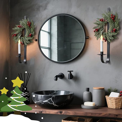 2 Set Christmas Metal Wall Candle Sconce Holder Wall Mount Candle Holder with Berry Wreath for Farmhouse Living Room Entryway Fireplace Bedroom Bathroom Decor, Only Applicable to LED Candles