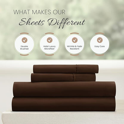 Linen Market Brushed Microfiber King Sheet Set 4 Piece – Oeko-TEX Certified Ultra Soft & Wrinkle-Free - 16" Deep Pocket Sheets - Easy Care King Size - Chocolate