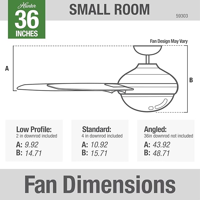 Hunter 36 inch Small Indoor Ceiling Fan with LED Light and Pull Chain - Modern Ceiling Fan, Standard Mount, 3 Blades, For Bedroom, Home Office, or Laundry Room, Quiet - Aker 59303, Brushed Nickel