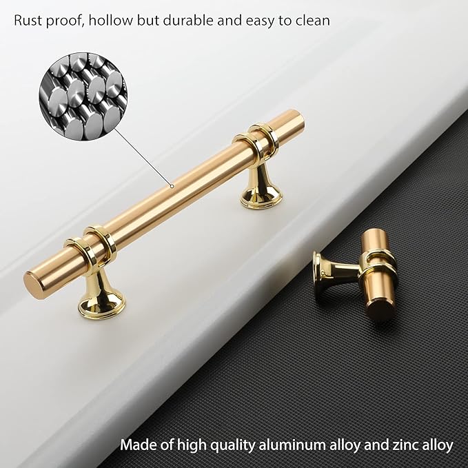 LONTAN 20 Pack Brushed Brass Cabinet Knobs Gold Dresser Knobs - LS6852GD T Bar Square Gold Cabinet Pull Single Hole Kitchen Cupboard
