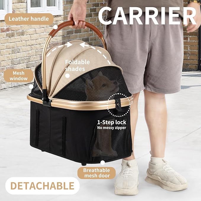 3 in 1 Pet Stroller with 4 Wheels, Foldable Pet Travel Carrier for Small/Medium Dogs Cats up to 50lbs, Detachble Portable Pet Bag, Storage Basket-Mewly Pet