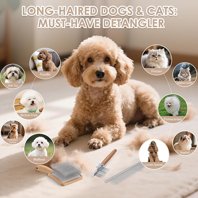 Long Pin Dog Slicker Brush for Poodles, Golden Doodles & Cats - 3-Piece Grooming Kit with Dematting Comb and Pet Comb, Large Wooden Handle Deshedding Tools for Thick Hair Mats Removal-Mewly Pet