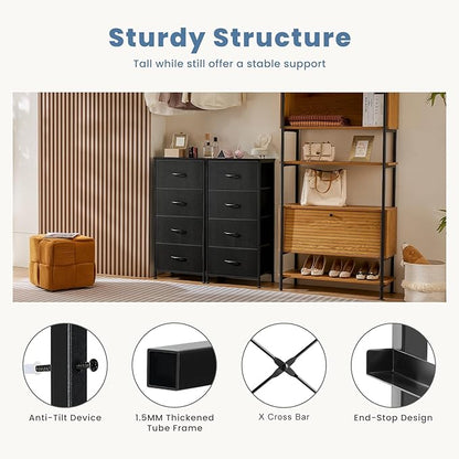 DUMOS Dresser for Bedroom 4 Drawers, Tall Fabric Closet Chests Organizer Tower Furniture with Wooden Top Metal Frame for Nursery, Living Room, Closet, Black