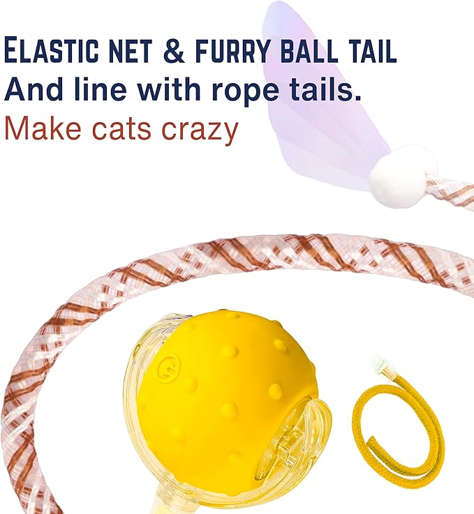 Interactive Cat Toy – Motion Activated Rolling Ball with LED Lights & 3 Play Modes & Two Different Tails - Best Toy for Indoor Cats & Kittens to Stay Active and Stimulate Hunting Instinct (Yellow)-Mewly Pet