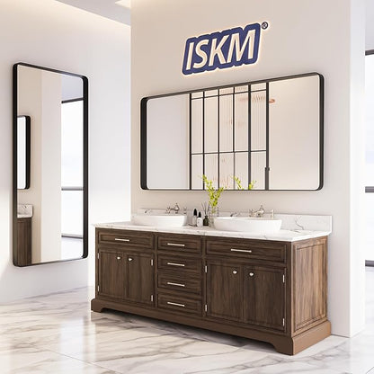 ISKM Large Black Framed Mirror for Bathroom 72" x 32" Wall Mounted Mirror Black Metal Framed Bathroom Mirror for Wall Round Corner (Horizontal/Vertical)