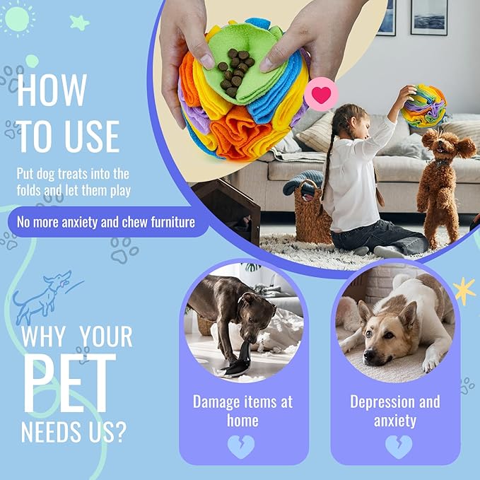 Pet Snuffle Ball, Puzzle Sniffing Interactive Dog Ball for Blind Dogs Training Stress Relief Dog Enrichment Toys Treat Machine Washable (20cm, Sweet Purple)-Mewly Pet