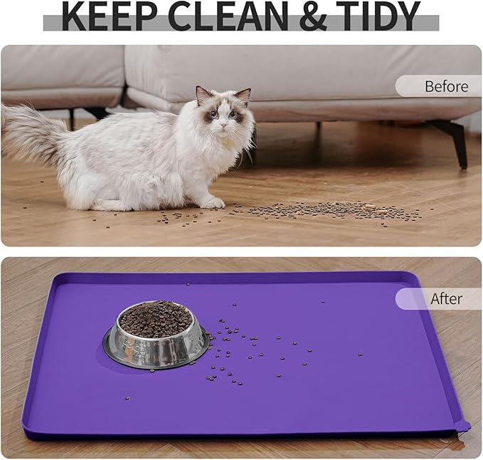 Waterproof Pet Feeding Mat with High Raised Edges, Heavier and Thicker Placemats for Cat Dog Water Bowl with BPA Free, Dogs Cats Food Mats for Messy Drinkers to Prevent Spill and Protect Floors-Mewly Pet