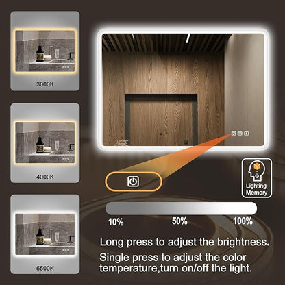 S'bagno 32"x24" LED-Lighted-Bathroom-Mirror, Wall-Mounted-Dimmable-Vanity-Mirror, Bluetooth Speaker Anti-Fog Waterproof Smart Touch Button 3 Colors Bathroom-Lighted-Mirror, Vertical/Horizontal