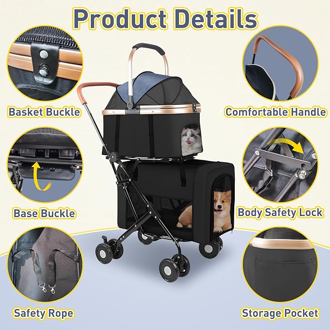 Double Pet Stroller for 2 Dogs or Cats, Folding Dog Stroller with 2 Detachable Carrier Bags, Safety Belt, 4 Lockable Wheels, Separate Compartments, for Multi-Pet Homes (Black)-Mewly Pet