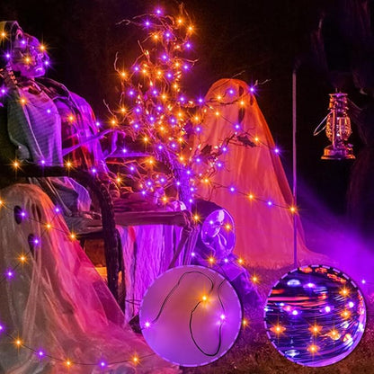 Purple Orange Halloween Timer Fairy Lights Battery Operated 4 Pack 16.4Ft 50 LED Black Wire Twinkle Lights with Timer 5 Modes for Halloween Indoor Outdoor Party Decoration