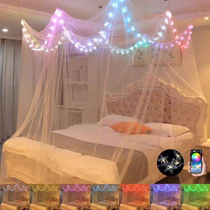Comtelek Bed Canopy with LED Star Lights, Canopy Bed Curtain with RGB Color Changing String Lights with Smart App Control Remote for Princess Girls Bedroom, Suggested for Twin Full Queen King Bed