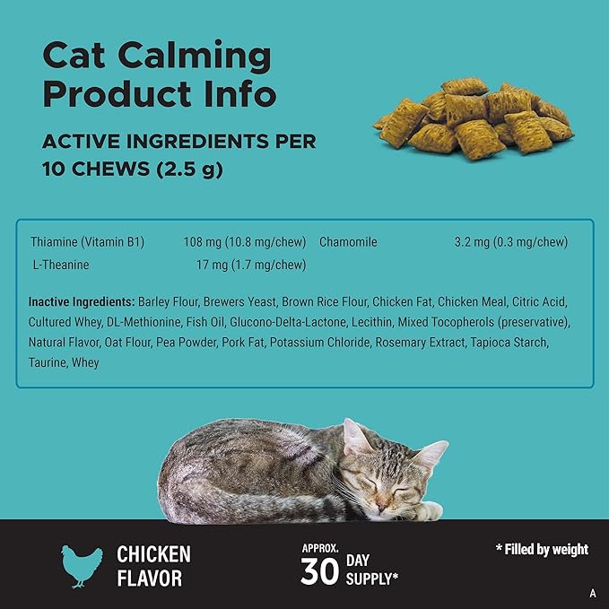 Calming Chews for Cats - Cat Anxiety Relief + Helps Reduce Stress - Behavioral Support & Promotes Relaxation for Travel, Boarding, Vet Visits, Separation Anxiety - Chicken (30-Day Supply)-Mewly Pet