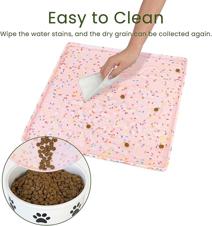 Ptlom Dog Food Mat Anti-Slip Dog Bowl Mats for Food and Water, Waterproof Pet Placemat Prevents Messy Spill to Floor, Silicone Puppy Feeding Tray for Small, Medium and Large Dogs Cats, Pink-Mewly Pet