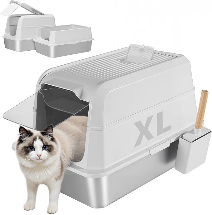 Stainless Steel Litter Box with Lid, XL Extra Large Cat Litter Box, Enclosed Metal Litter Pan with High Sided Enclosure & Scoop, Anti Leakage, Easy to Clean, Odor Control (White)-Mewly Pet