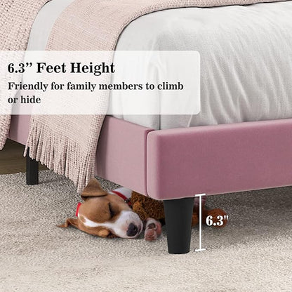 Allewie King Platform Bed Frame/Velvet Upholstered Bed Frame with Vertical Channel Tufted Headboard/Strong Wooden Slats/Mattress Foundation/Box Spring Optional/Easy Assembly/Pink