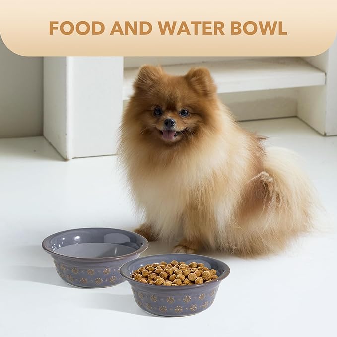 6.3inch Ceramic Set of 2 Dog Bowls, Food and Water Bowls for Small and Medium Dog, 2pcs Basic Dog Bowl, Wide Opening Rounded Edge (2 Bowls, Reactived Glaze -Grey)-Mewly Pet