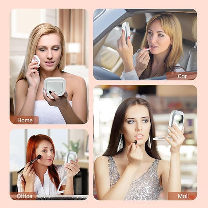 FASCINATE 10X Magnification Compact Travel Makeup Mirror with Lights and Magnification, 3.5 inch Portable 1X/10X Magnifying Mirror with 3 Color Light, Folding, Handheld (White)
