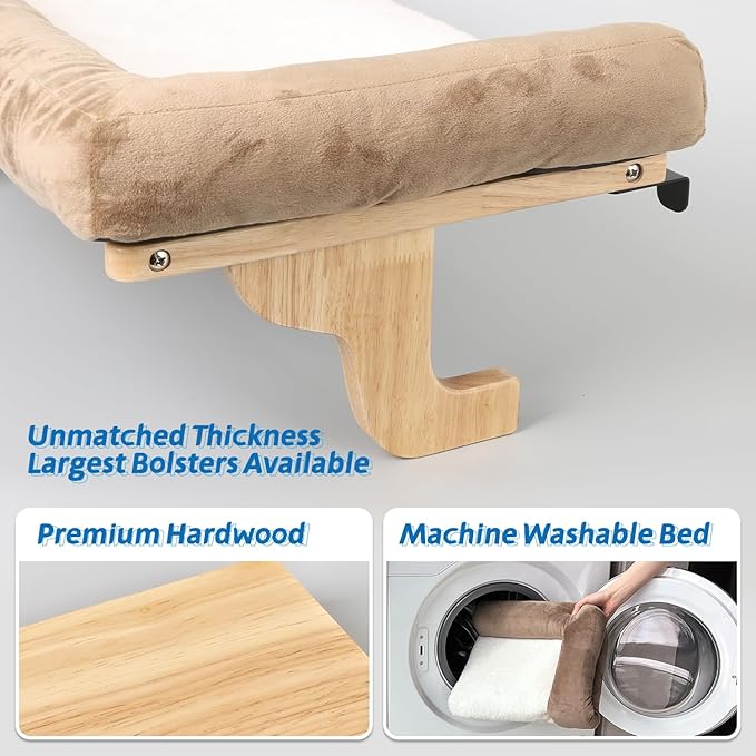 Cat Perch for Window Sill with Bolster - Orthopedic Hammock Design with Premium Hardwood & Robust Metal Frame - Cat Window Seat for Large Cats and Kittens - Natural Color Wood with Brown Bed-Mewly Pet