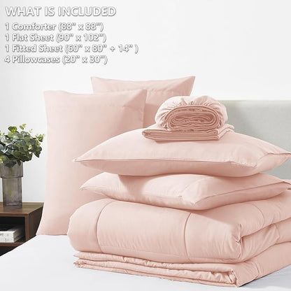 CozyLux Queen Comforter Set Blush Pink, 7 Pieces Bed in a Bag, Pink Comforter Queen Size, All Season Bedding Sets with Stitch Quilted Comforter, Flat Sheet, Fitted Sheet, Pillowcases