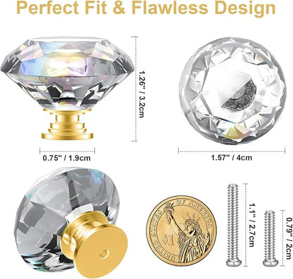 POZEAN Crystal Cabinet Knobs 30Pack, 1.57inch Dresser Knobs for Cabinet, Drawer with Two Different Sizes Screws, Diamond Glass Pulls Handles (40mm, 30Pack, Clear-Gold)