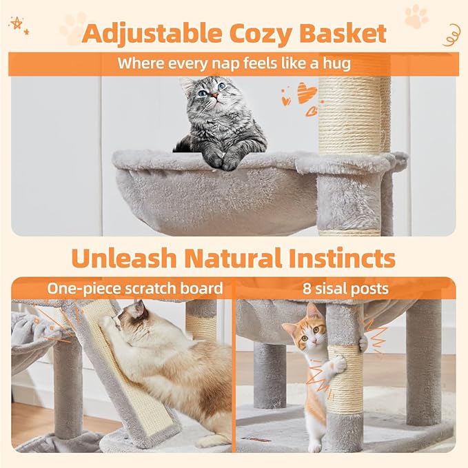 Taoqimiao Cat Tree 57.5-Inch, Cat Tower for Indoor Cats Large Adult, Extra Large Cat Condo, 8 Sisal Scratching Posts, Metal Frame Cozy Hammock, Durable Scratch Board, 2 Top Perches, Light Gray MS026W-Mewly Pet