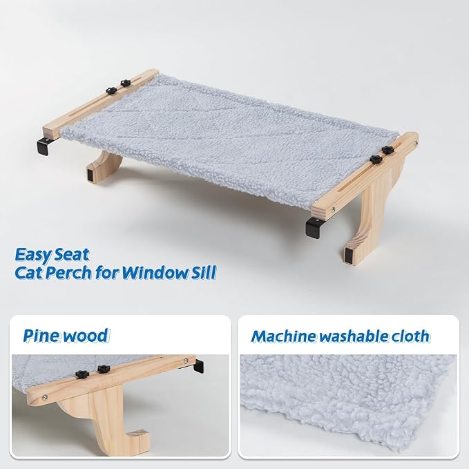Easy Seat Cat Perch for Window Sill - Hammock Design w/Pine Wood & Robust Metal Frame - Cat Window Seat for Large Cats and Kittens (Natural Color Wood w/Gray Bed, Medium (23''W x 14''D))-Mewly Pet