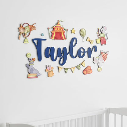 Custom Nursery Name Sign with Themed Decor Kit | Personalized Wooden Wall Art for Baby, Kids Room | Space, Jungle, Circus, Under the Sea, Woodland, Rainbow (10", Circus)
