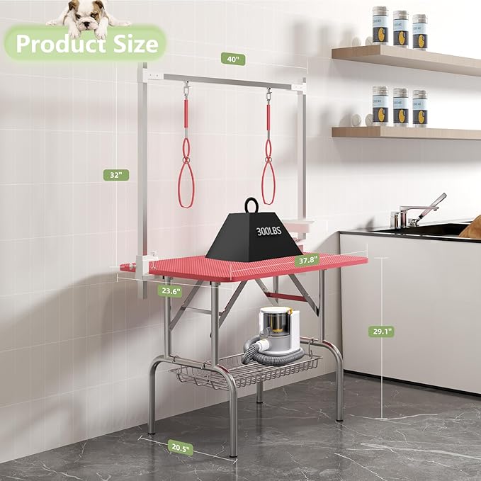 VFK 36''/47''Large Dog Grooming Table, Foldable Pet Station at Home, Dog Grooming Table,Adjustable Cat Drying Desktop with Arms, Nooses, Mesh Tray (Stainless Steel pet Table, 36" Pink)-Mewly Pet