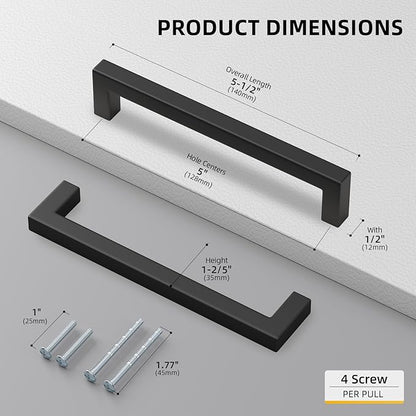 goldenwarm 22 Pack 5 Inch Black Cabinet Handles Matte Black Drawer Pulls Stainless Steel Cabinets Hardware Square Bar Modern for Kitchen Bathroom Cupboard