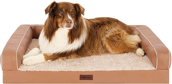 FurHaven Orthopedic Dog Sofa Bed – Memory Foam Couch with Bolsters, Textured Plush & Water-Resistant Cover, Washable Cover, Joint Support - Camel, Jumbo-Mewly Pet