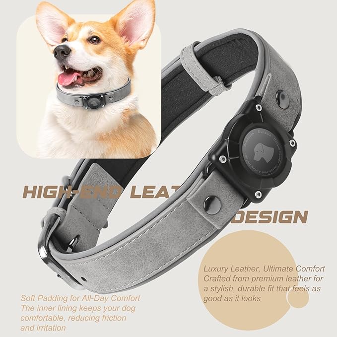 AirTag Dog Collar - Leather Dog Collar with Air Tag Holder | IPX8 Waterproof, Reflective, High - End, Adjustable Soft Padded | Dog GPS Tracker Collars Fit for Medium Large Dogs (Grey, XL)-Mewly Pet